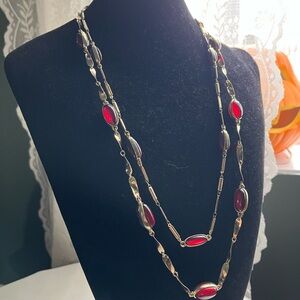 Vintage Double-Strand Red Glass Cabochon Golden Tone Vamp Statement Necklace